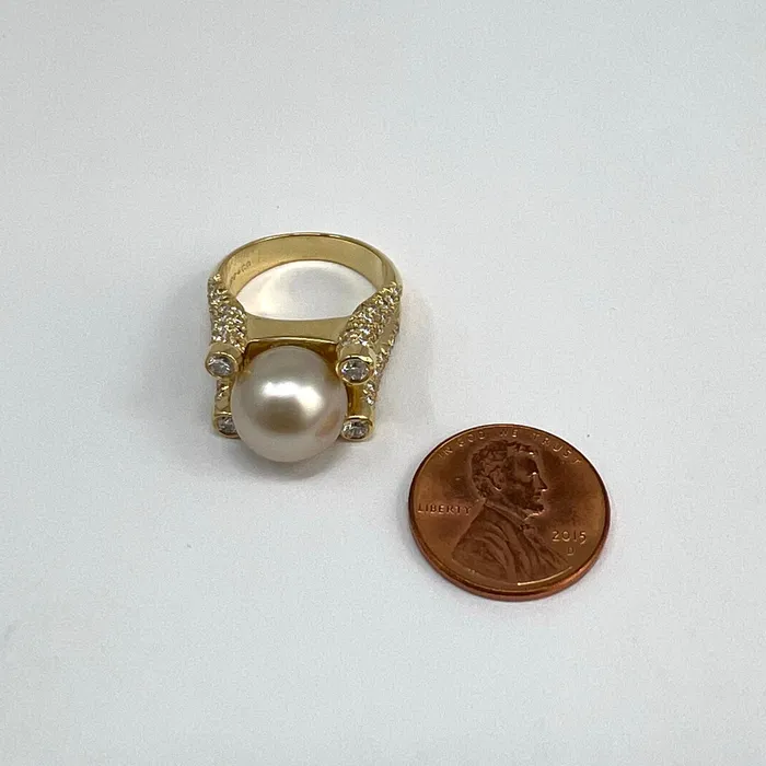 Tishman Lipp Rings Tishman Lipp 18K Gold Ring with 106 Diamonds and Golden Pearl
