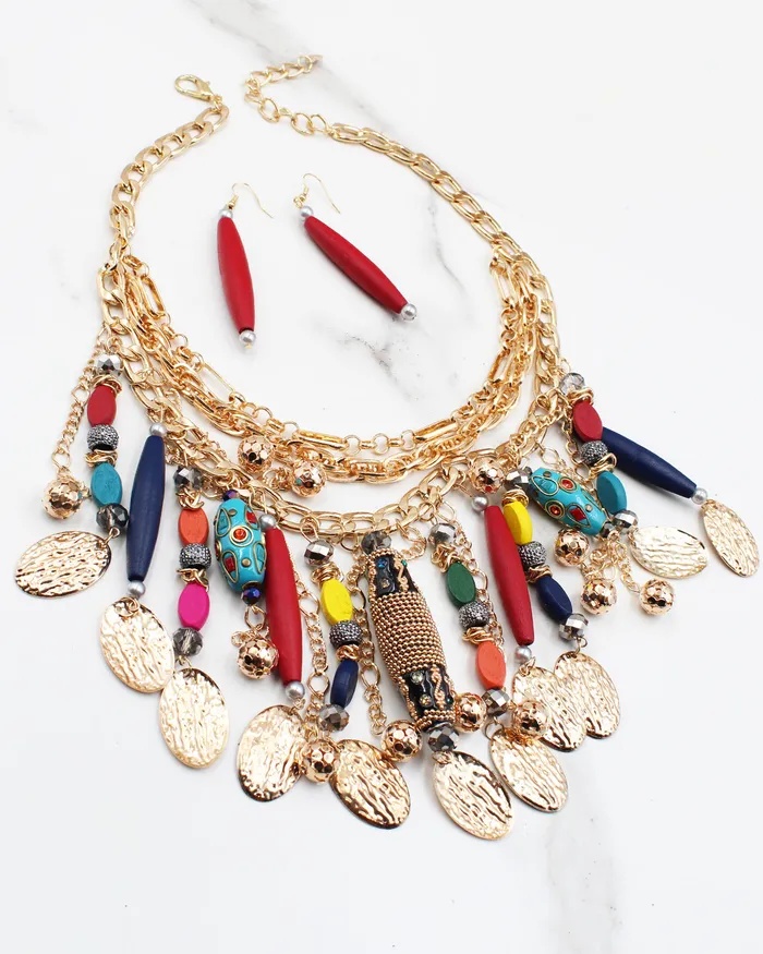 UPDATED092024 Necklaces Gold Wood Multiple Layered Necklace Set