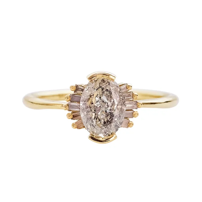 ARTEMER Rings Oval Cut Salt and Pepper Diamond Engagement Ring with Baguette Frills ARTEMER Rings Oval Cut Salt and Pepper Diamond Engagement Ring with Baguette Frills