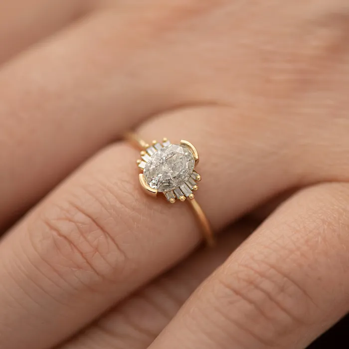 ARTEMER Rings Oval Cut Salt and Pepper Diamond Engagement Ring with Baguette Frills