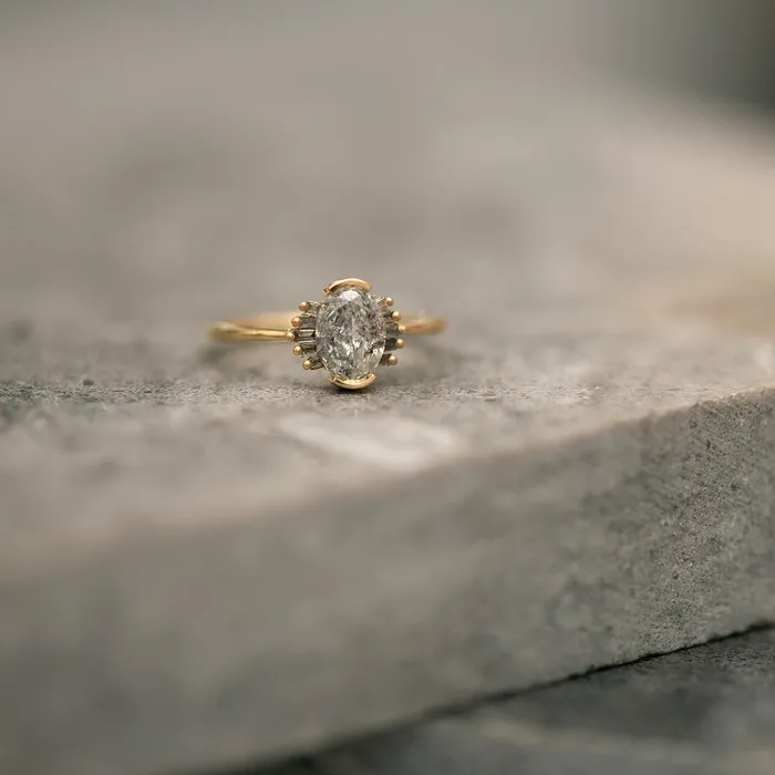 ARTEMER Rings Oval Cut Salt and Pepper Diamond Engagement Ring with Baguette Frills
