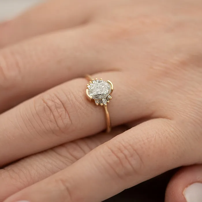 ARTEMER Rings Oval Cut Salt and Pepper Diamond Engagement Ring with Baguette Frills