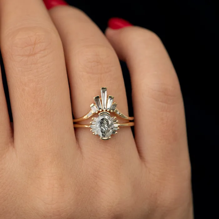 ARTEMER Rings Oval Cut Salt and Pepper Diamond Engagement Ring with Baguette Frills