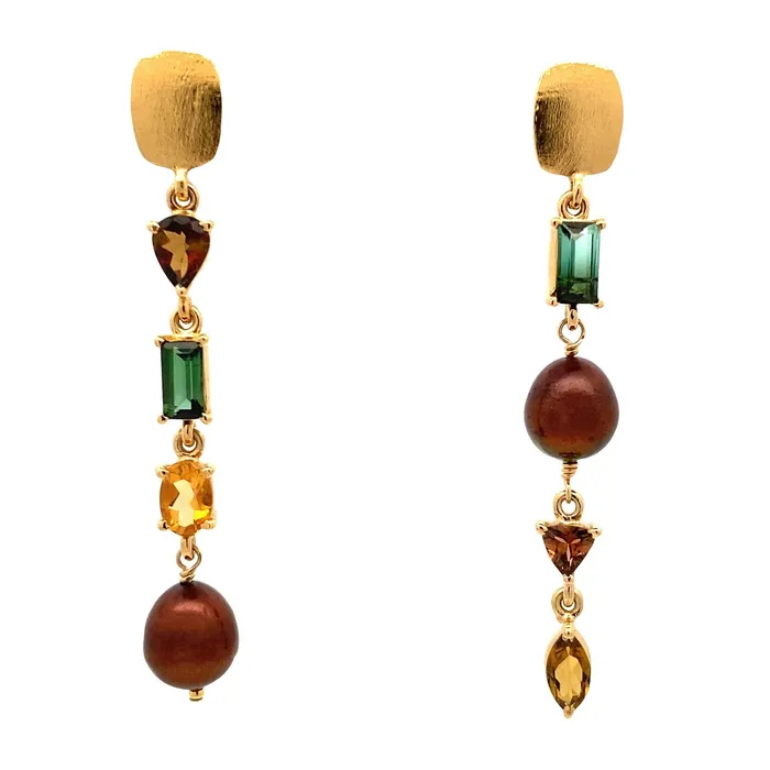 Asymmetrical Tourmaline and Bronze Pearl Gold Top Earrings Q Evon Earrings