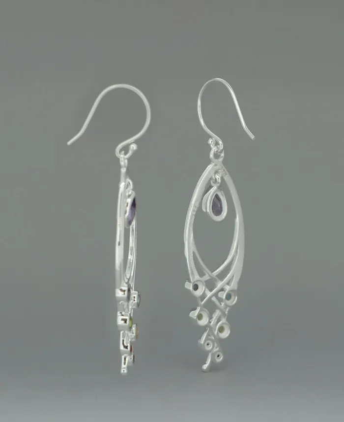 Buddha Groove Premium Leaf Shaped Sterling Silver Chakra Gemstone Dangle Earrings Earrings