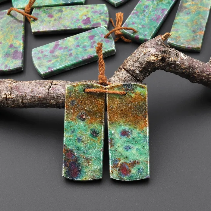 Earrings Natural Red Ruby Green Fuchsite Flat Rectangle Earring Pair Matched Gemstone Beads Intrinsic Trading