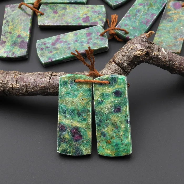 Earrings Natural Red Ruby Green Fuchsite Flat Rectangle Earring Pair Matched Gemstone Beads Intrinsic Trading