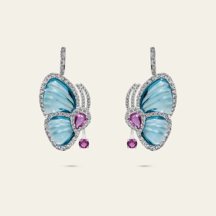 Earrings Papillon Earrings Hand crafted in 18k white gold with blue topaz pink sapphires and white diamonds