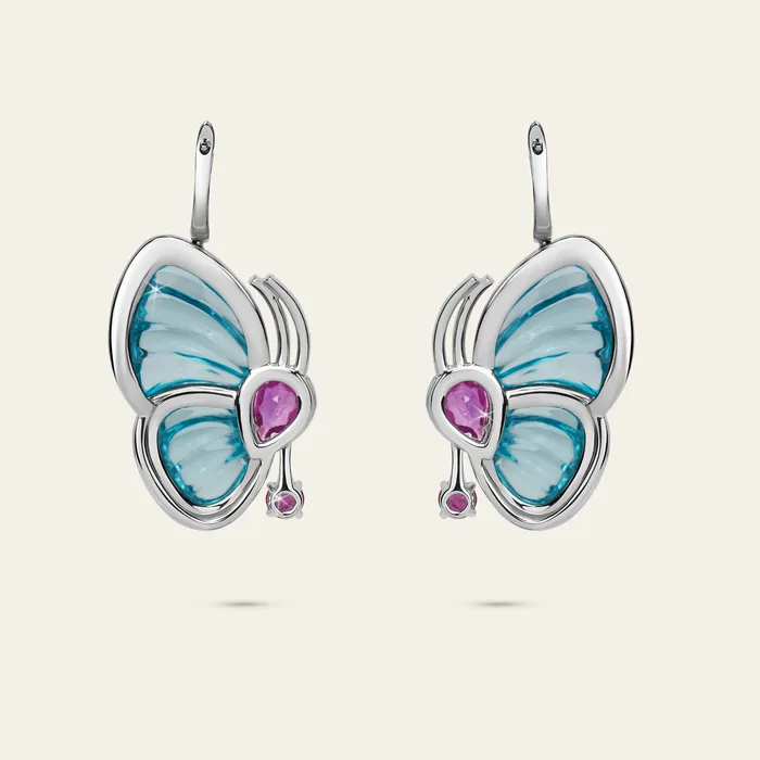 Earrings Papillon Earrings Hand crafted in 18k white gold with blue topaz pink sapphires and white diamonds