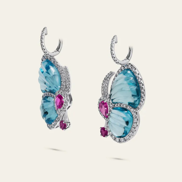 Earrings Papillon Earrings Hand crafted in 18k white gold with blue topaz pink sapphires and white diamonds