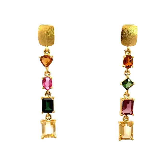 Earrings Q Evon Tourmaline and Citrine Asymmetrical Gold Post Top Earrings