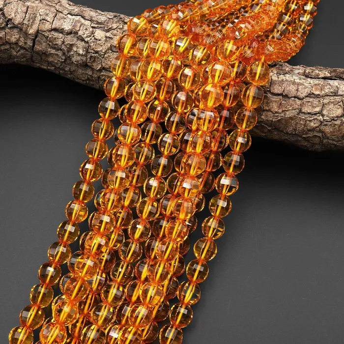 Faceted Golden Citrine 8mm 10mm Round Beads Geometric Lantern Cut Sparkling Gemstone 155 Strand Intrinsic Trading Rings