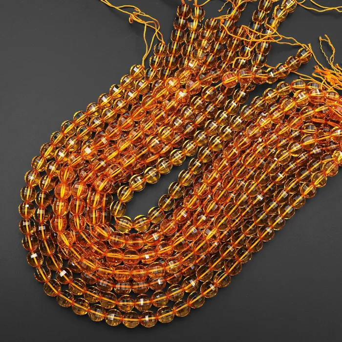 Faceted Golden Citrine 8mm 10mm Round Beads Geometric Lantern Cut Sparkling Gemstone 155 Strand Intrinsic Trading Rings