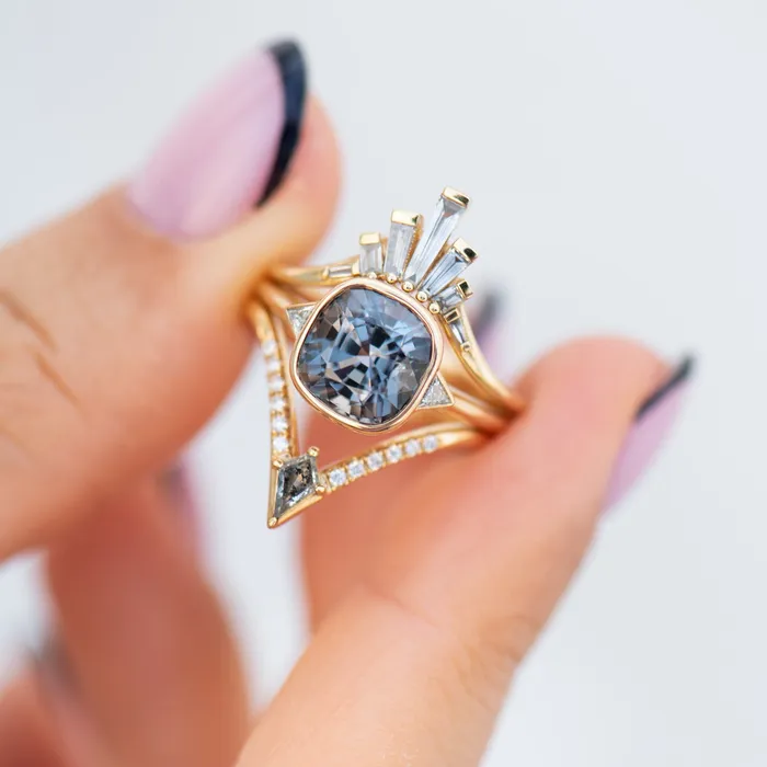 Gray Spinel Engagement Ring with a Golden Zigzag Setting OOAK ARTEMER Rings