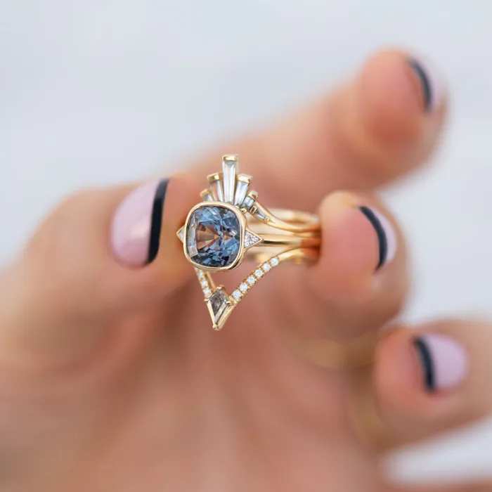 Gray Spinel Engagement Ring with a Golden Zigzag Setting OOAK ARTEMER Rings