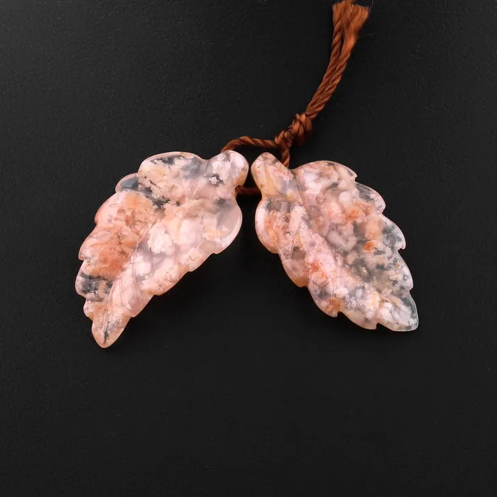 Hand Carved Natural Flower Agate Leaf Earring Pair Drilled Gemstone Matched Beads Intrinsic Trading Earrings