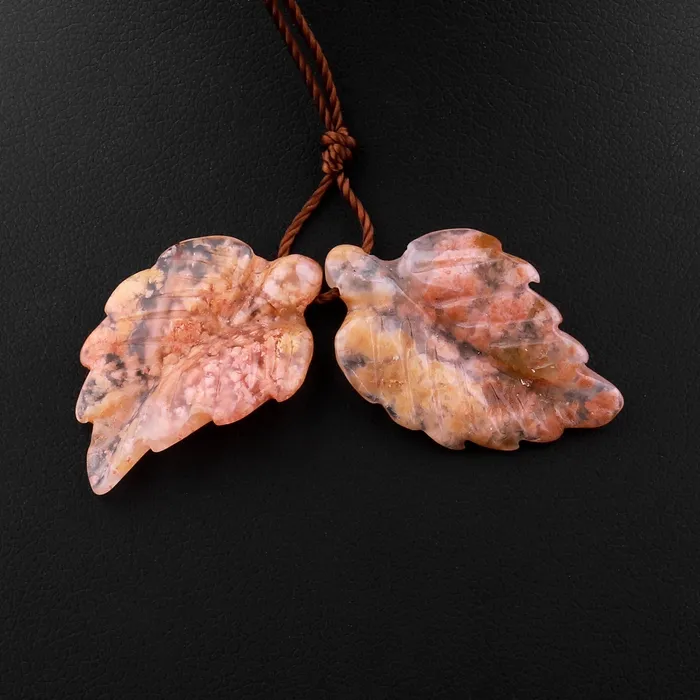 Hand Carved Natural Flower Agate Leaf Earring Pair Drilled Gemstone Matched Beads Intrinsic Trading Earrings