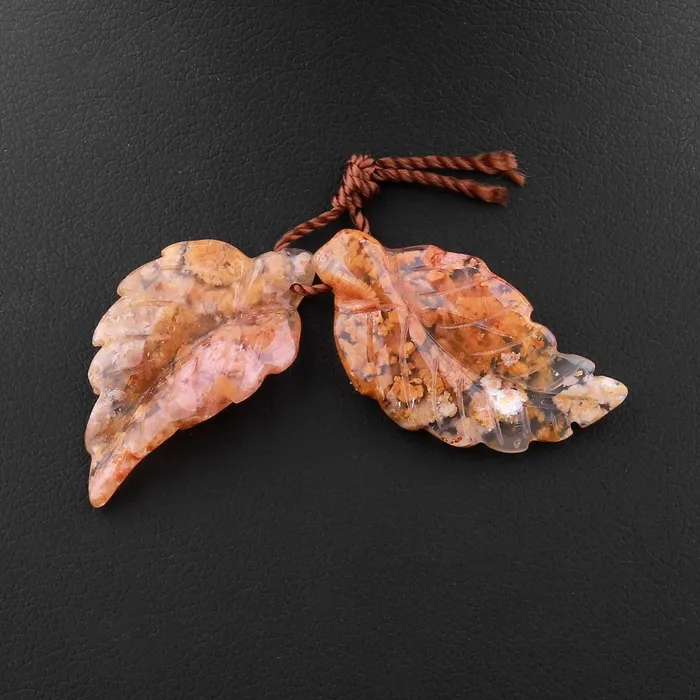 Hand Carved Natural Flower Agate Leaf Earring Pair Drilled Gemstone Matched Beads Intrinsic Trading Earrings
