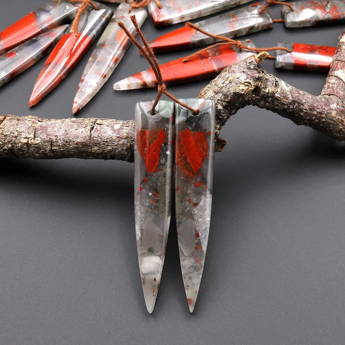 Intrinsic Trading Earrings Natural African Bloodstone Matched Long Dagger Triangle Spike Earring Beads Drilled Gemstone Pair