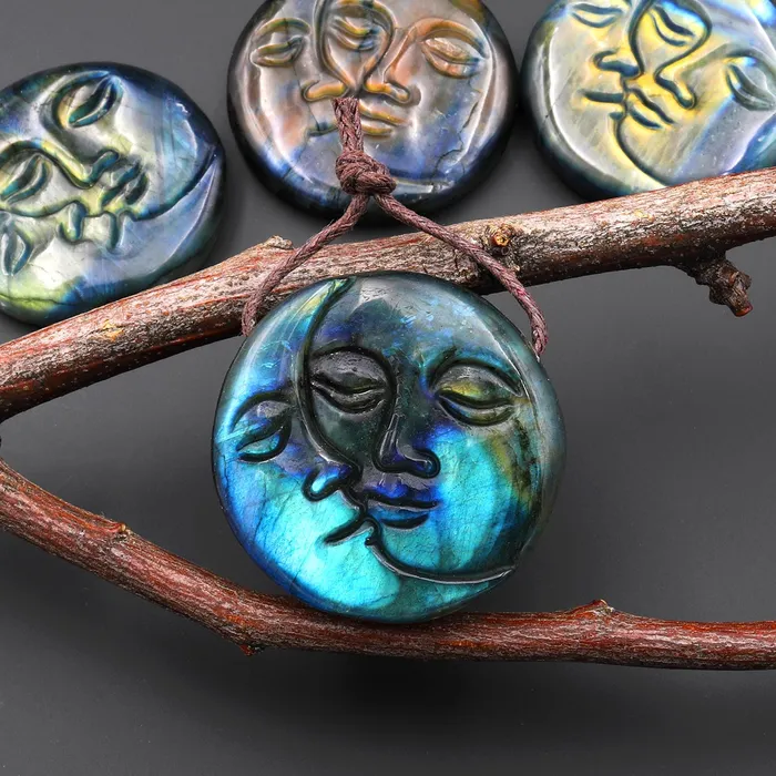 Intrinsic Trading Necklaces AAA Fiery Hand Carved Natural Labradorite Sun and Moon Face Pendant Gemstone Focal Bead A4 Intrinsic Trading Necklaces AAA Fiery Hand Carved Natural Labradorite Sun and Moon Face Pendant Gemstone Focal Bead A4