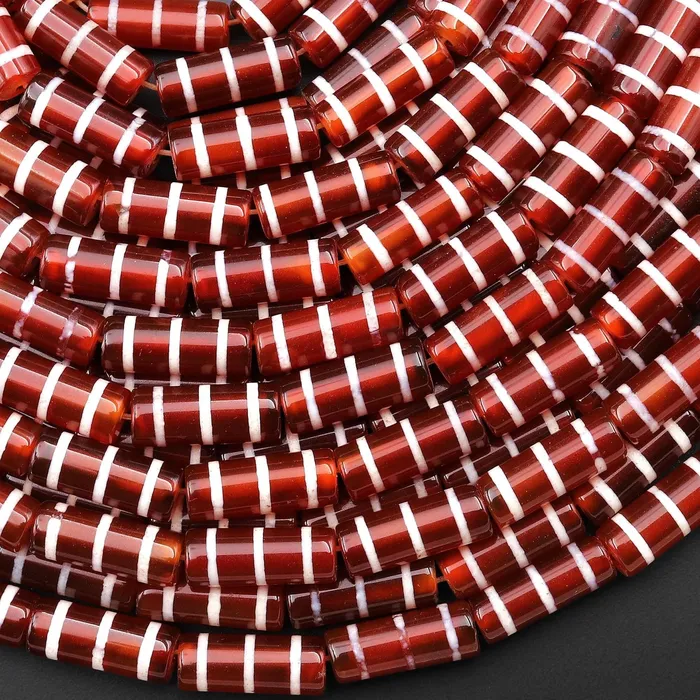Intrinsic Trading Rings Tibetan Red Agate Tube Cylinder Beads Dzi White Etched Three Line Ring Mala Antique Boho Beads 155 Strand
