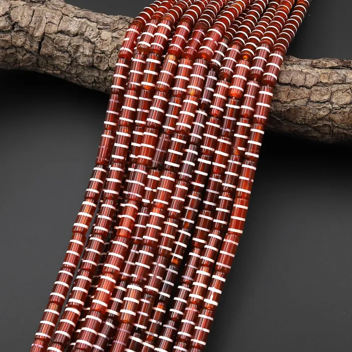 Intrinsic Trading Rings Tibetan Red Agate Tube Cylinder Beads Dzi White Etched Three Line Ring Mala Antique Boho Beads 155 Strand