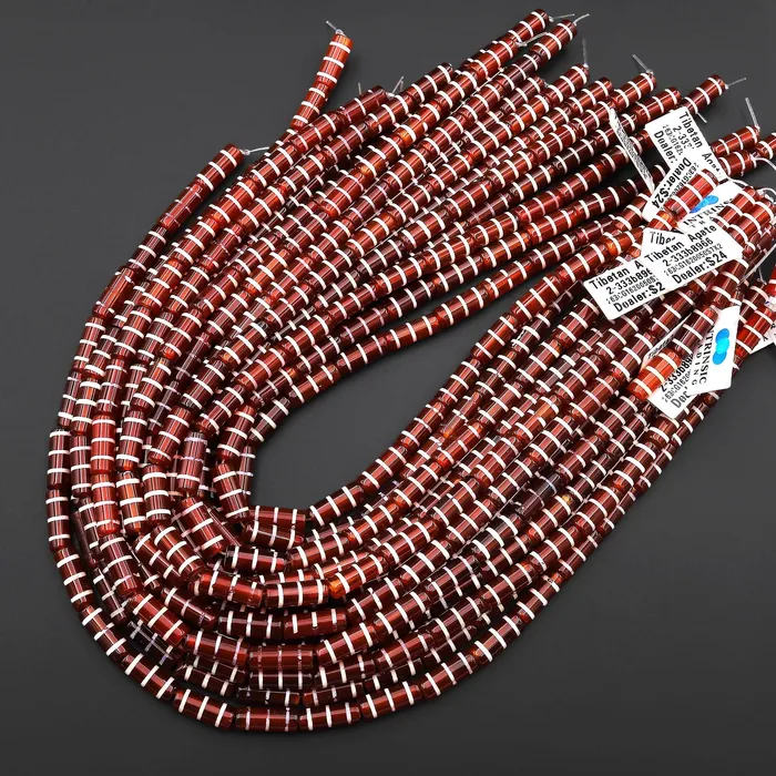 Intrinsic Trading Rings Tibetan Red Agate Tube Cylinder Beads Dzi White Etched Three Line Ring Mala Antique Boho Beads 155 Strand