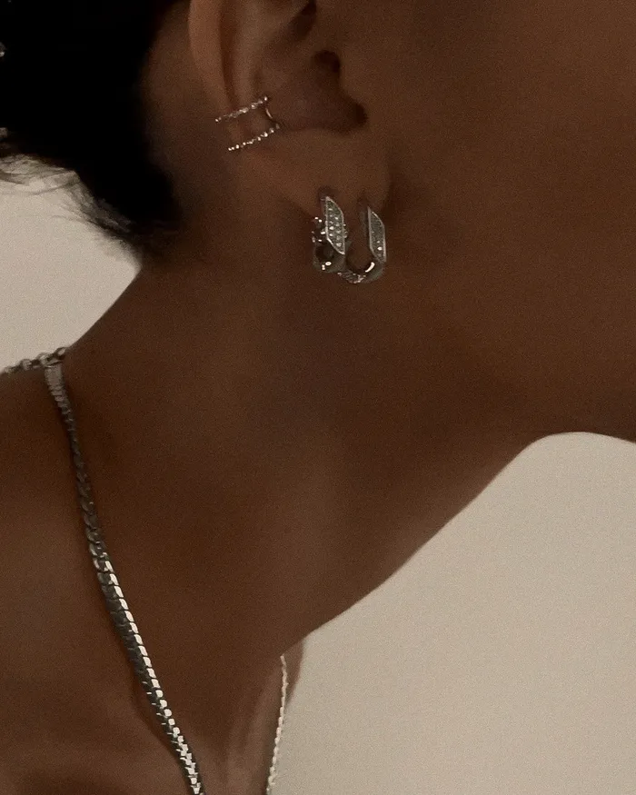Luv Aj Pave Cuban Link Hoops Silver Rings