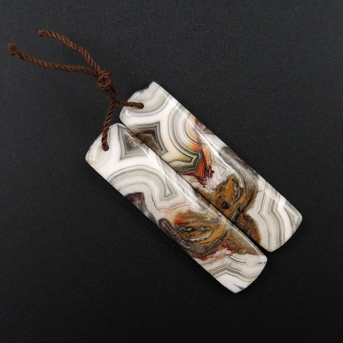 Natural Laguna Lace Agate Earring Pair Rectangle Cabochon Cab Drilled Matched Earrings Bead Pair E2738 Intrinsic Trading Earrings