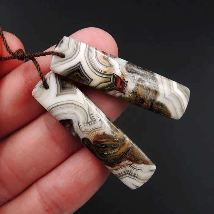 Natural Laguna Lace Agate Earring Pair Rectangle Cabochon Cab Drilled Matched Earrings Bead Pair E2738 Intrinsic Trading Earrings