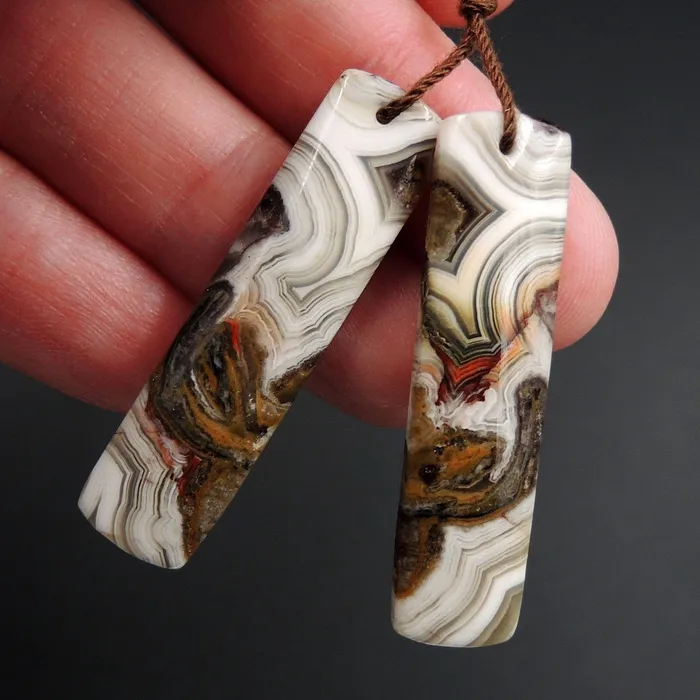 Natural Laguna Lace Agate Earring Pair Rectangle Cabochon Cab Drilled Matched Earrings Bead Pair E2738 Intrinsic Trading Earrings