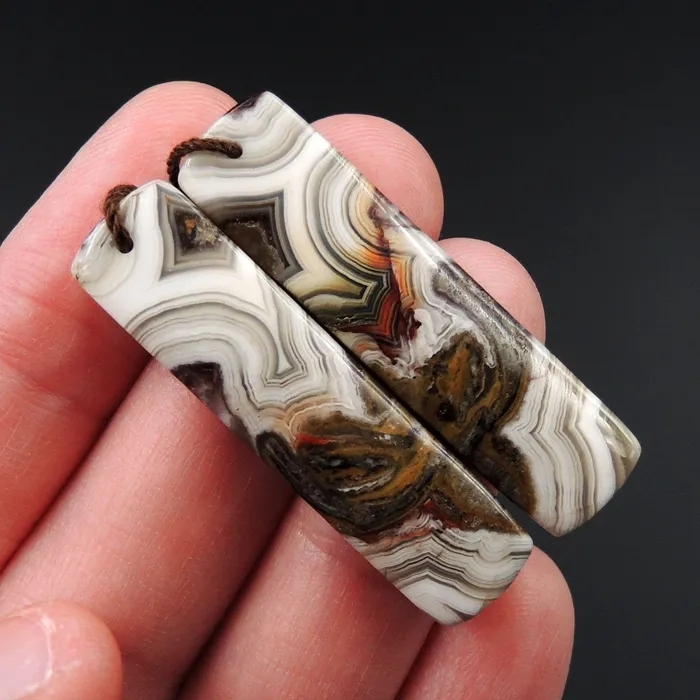 Natural Laguna Lace Agate Earring Pair Rectangle Cabochon Cab Drilled Matched Earrings Bead Pair E2738 Intrinsic Trading Earrings