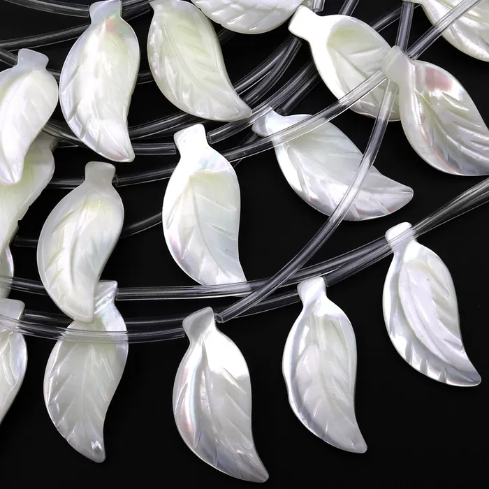 Necklaces Intrinsic Trading AAA Iridescent Carved Natural White Mother of Pearl Long Leaf Beads