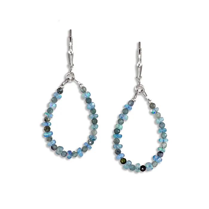 Q Evon Earrings Silver Leverback Earrings with Blue Opal Aqua Small