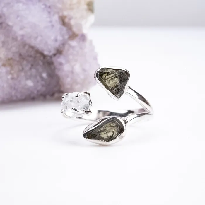 Rings InnerVision Crystals Moldavite Herkimer Diamond Ring Size 9 925 Silver