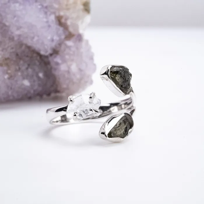 Rings InnerVision Crystals Moldavite Herkimer Diamond Ring Size 9 925 Silver