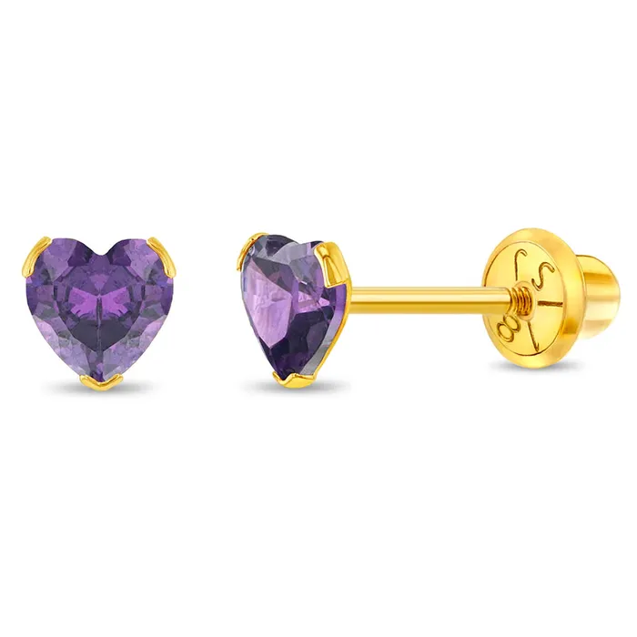18k Gold Birthstone CZ Heart Baby Toddler Kids Earrings Safety Screw Back Baby Screw Back Earrings Earrings