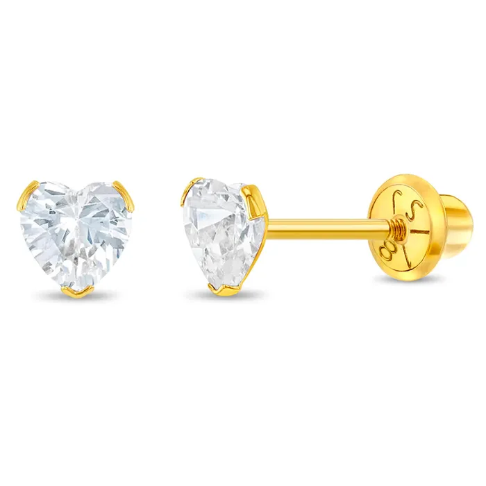 18k Gold Birthstone CZ Heart Baby Toddler Kids Earrings Safety Screw Back Baby Screw Back Earrings Earrings