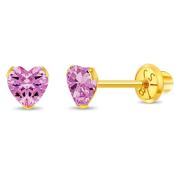 18k Gold Birthstone CZ Heart Baby Toddler Kids Earrings Safety Screw Back Baby Screw Back Earrings Earrings