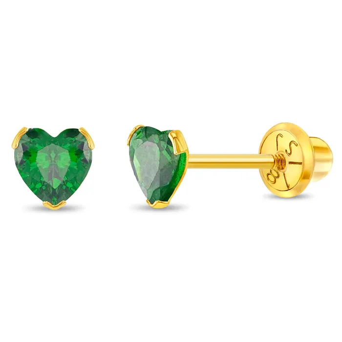 18k Gold Birthstone CZ Heart Baby Toddler Kids Earrings Safety Screw Back Baby Screw Back Earrings Earrings