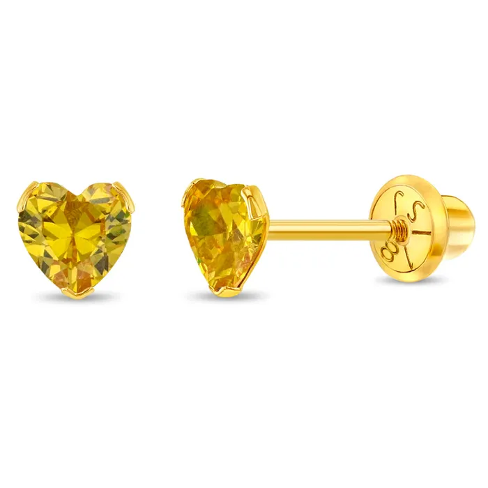 18k Gold Birthstone CZ Heart Baby Toddler Kids Earrings Safety Screw Back Baby Screw Back Earrings Earrings