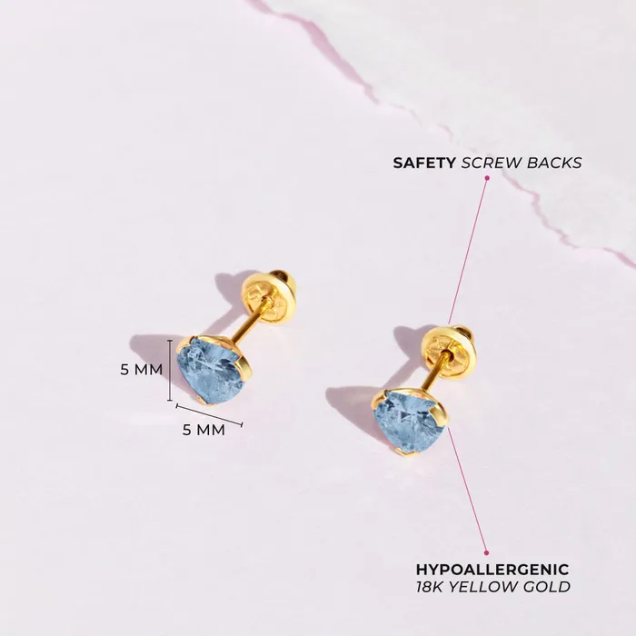 18k Gold Birthstone CZ Heart Baby Toddler Kids Earrings Safety Screw Back Baby Screw Back Earrings Earrings