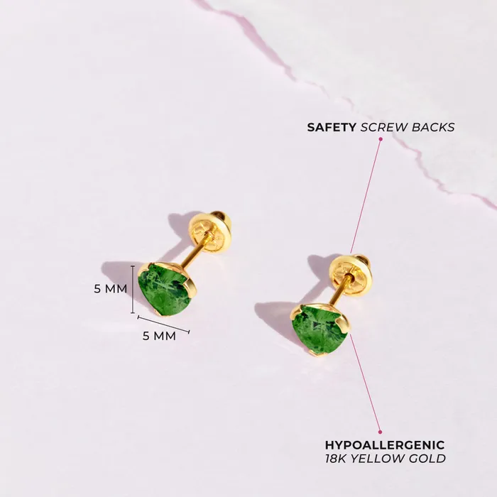 18k Gold Birthstone CZ Heart Baby Toddler Kids Earrings Safety Screw Back Baby Screw Back Earrings Earrings