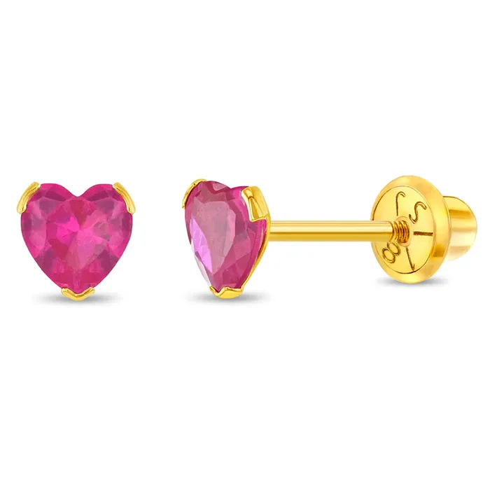 18k Gold Birthstone CZ Heart Baby Toddler Kids Earrings Safety Screw Back Baby Screw Back Earrings Earrings