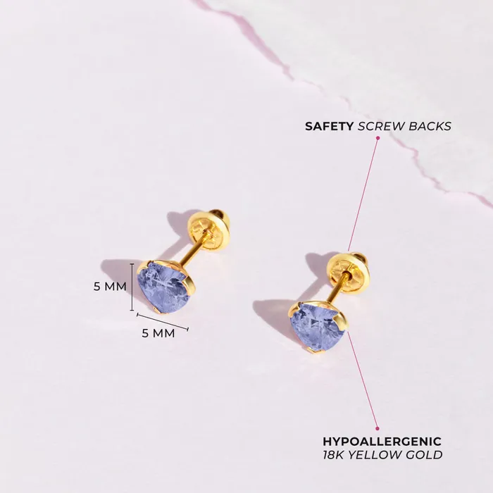 18k Gold Birthstone CZ Heart Baby Toddler Kids Earrings Safety Screw Back Baby Screw Back Earrings Earrings