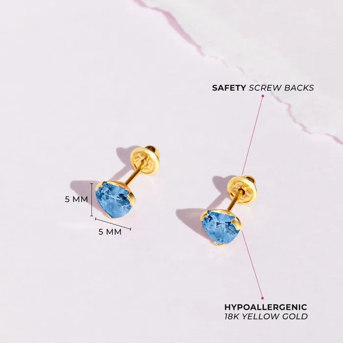 18k Gold Birthstone CZ Heart Baby Toddler Kids Earrings Safety Screw Back Baby Screw Back Earrings Earrings
