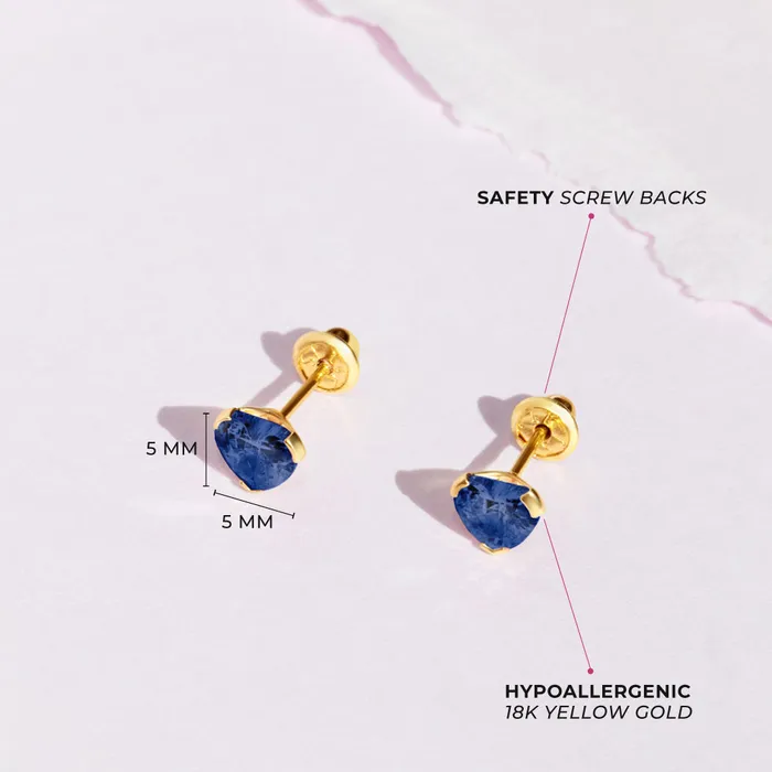 18k Gold Birthstone CZ Heart Baby Toddler Kids Earrings Safety Screw Back Baby Screw Back Earrings Earrings