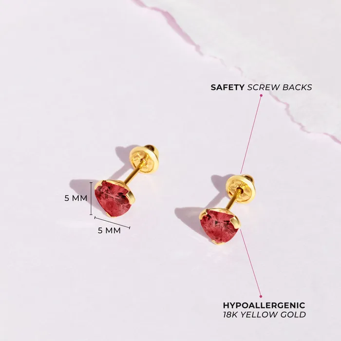 18k Gold Birthstone CZ Heart Baby Toddler Kids Earrings Safety Screw Back Baby Screw Back Earrings Earrings
