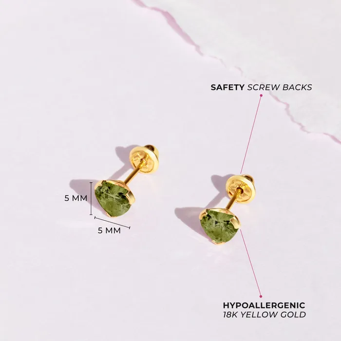 18k Gold Birthstone CZ Heart Baby Toddler Kids Earrings Safety Screw Back Baby Screw Back Earrings Earrings