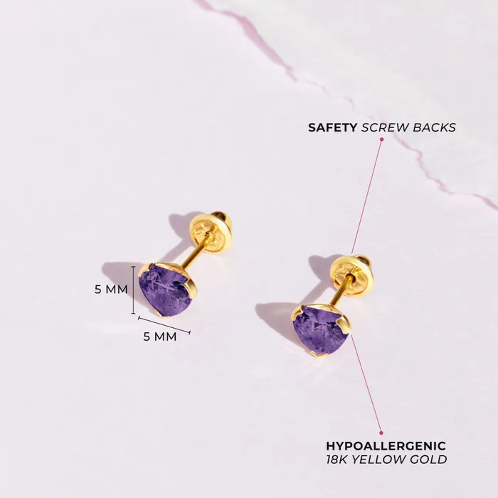 18k Gold Birthstone CZ Heart Baby Toddler Kids Earrings Safety Screw Back Baby Screw Back Earrings Earrings